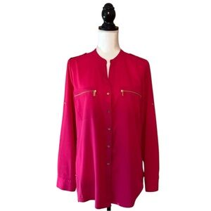 Calvin Klein Pink Zip Pocket Roll Tab Sleeve Blouse Gold Hardware Size Medium